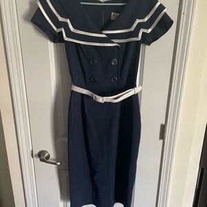 Bettie Page Navy and White Midi Dress